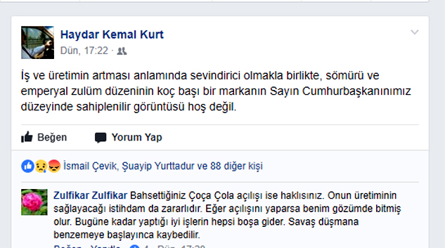 HAYDAR KURT’TAN CUMHURBAŞKANINA COCA COLA ELEŞTİRİSİ