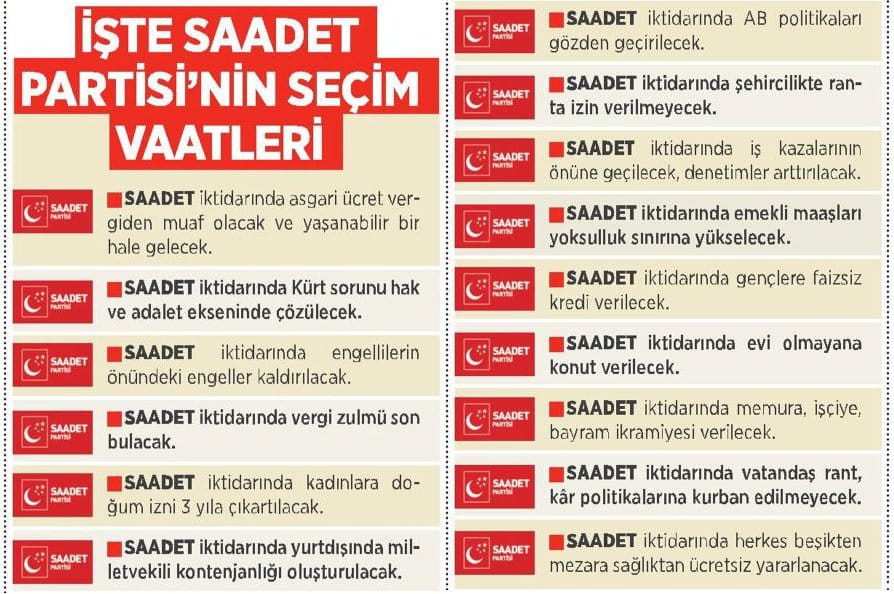 İŞTE SAADET PARTİSİ’NİN SEÇİM VAATLERİ