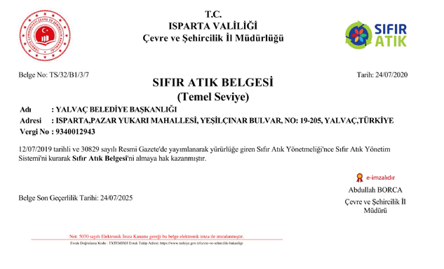 YALVAÇ BELEDİYESİ’NE SIFIR ATIK BELGESİ