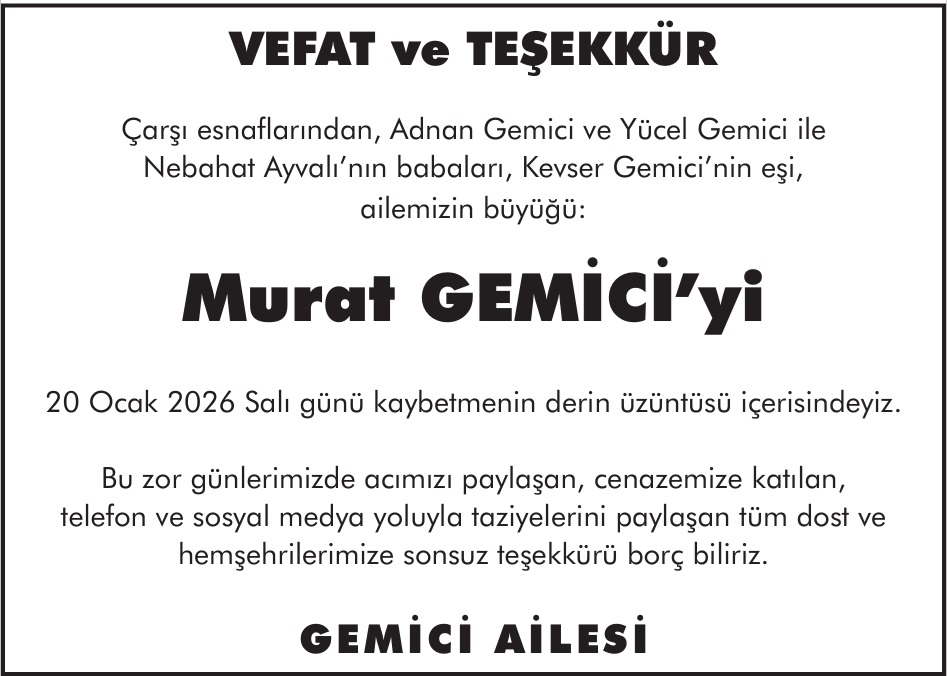 GEMİCİ AİLESİNDEN TEŞEKKÜR